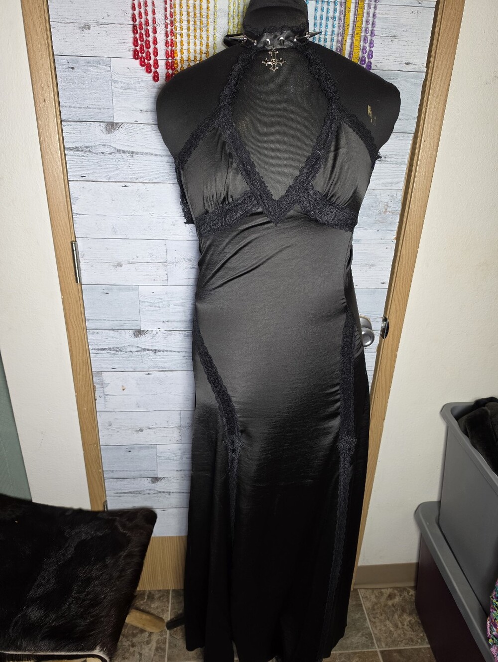 Black Satin Maxi Dress High Collar Spikes Cross Chain Trad Goth Vampire Dark Alt